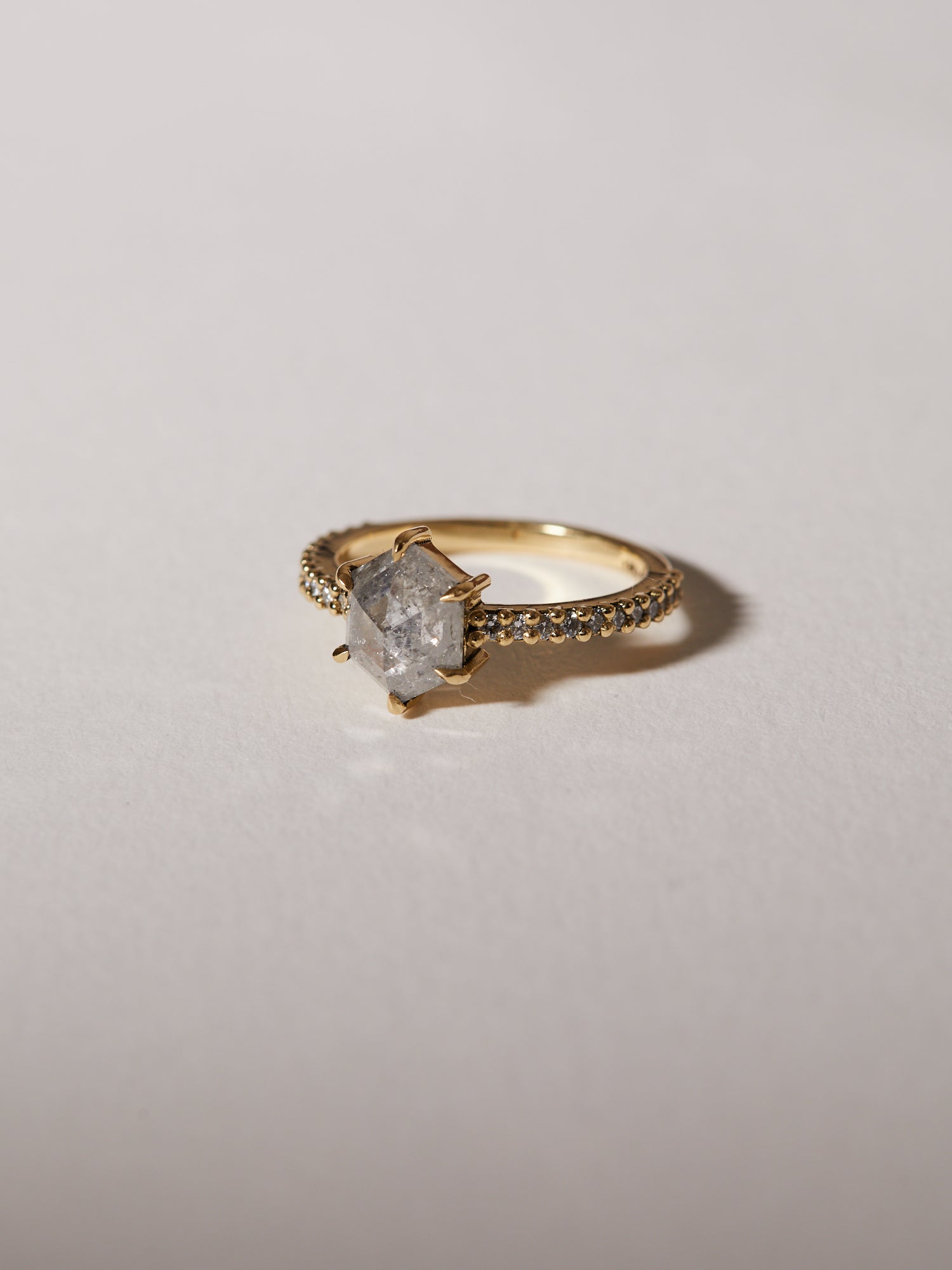 1.43ct hexagon rose cut salt and pepper diamond solitaire with 0.01ct diamond pavé band.