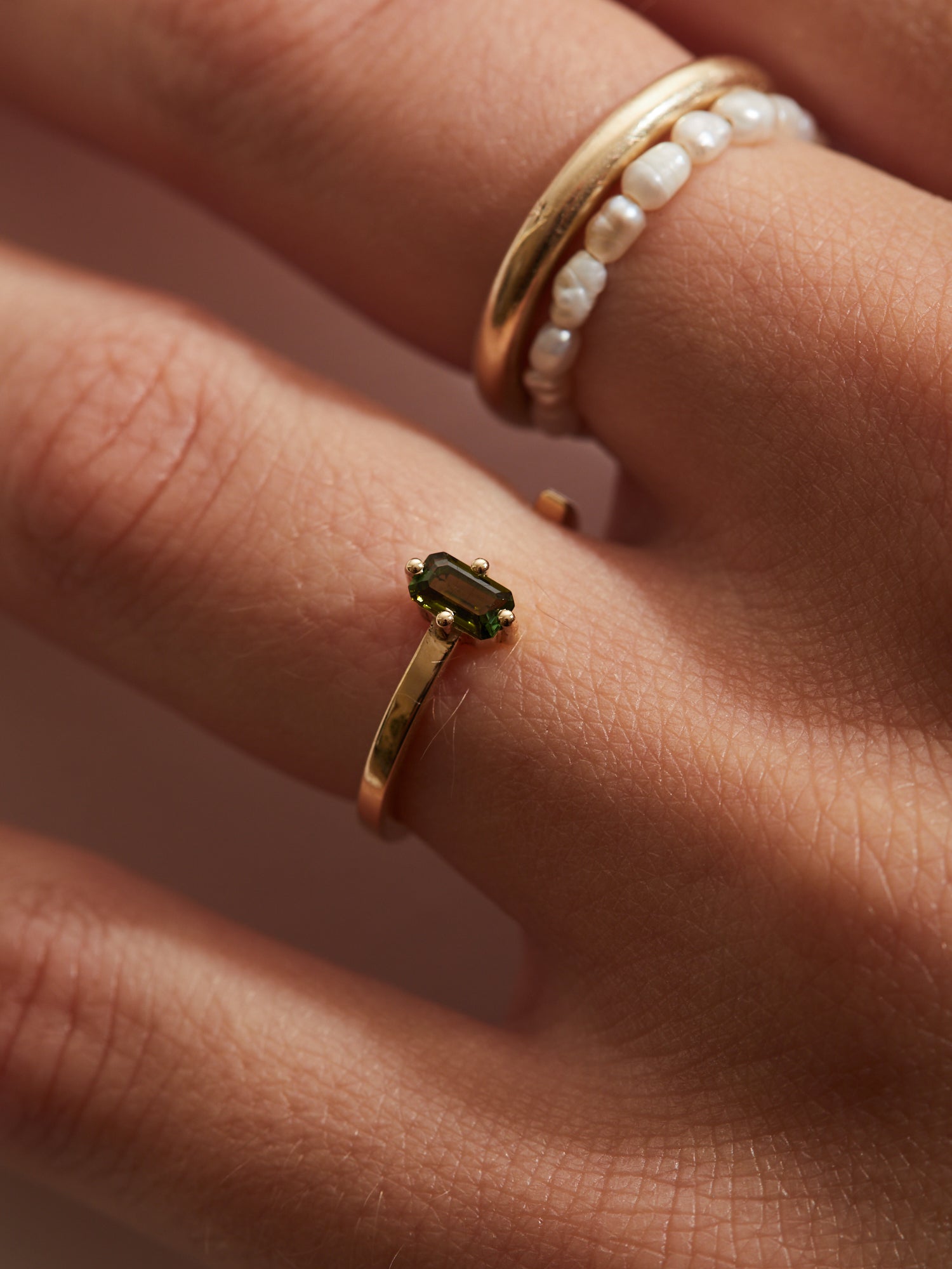 Emerald cut olive green Tourmaline cut out band