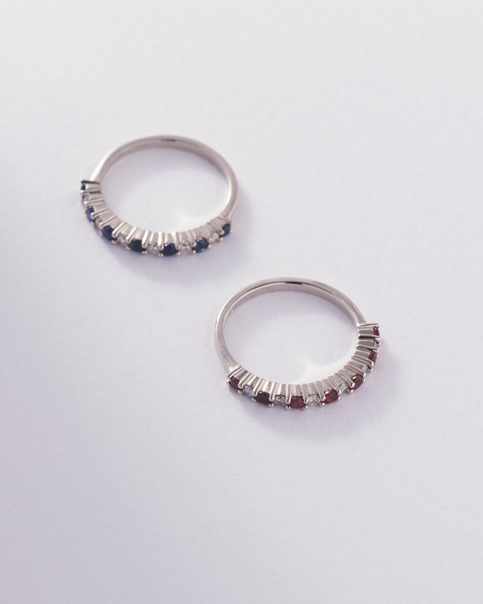 Sapphire, diamond and ruby half eternity stack