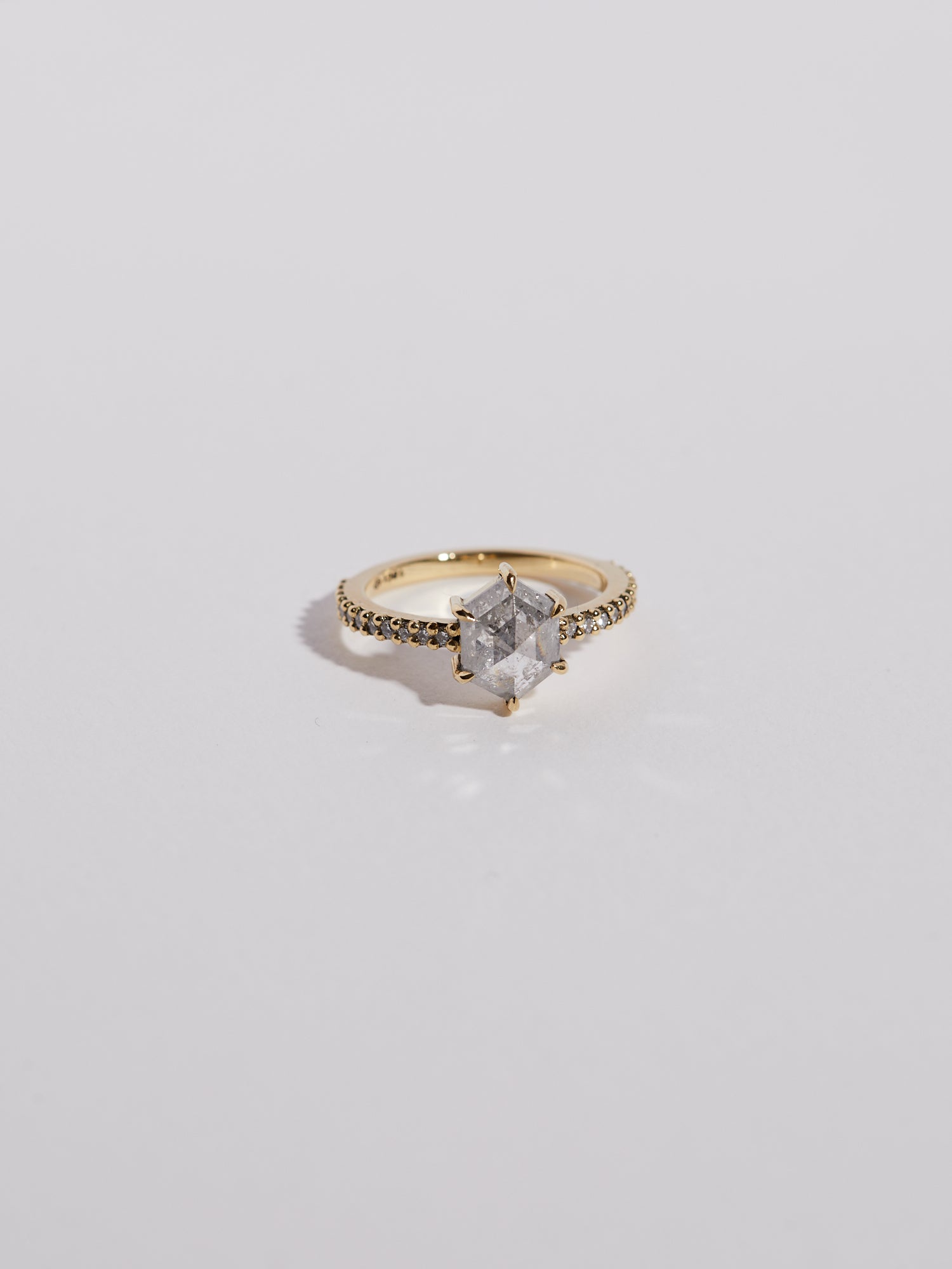 1.43ct hexagon rose cut salt and pepper diamond solitaire with 0.01ct diamond pavé band.