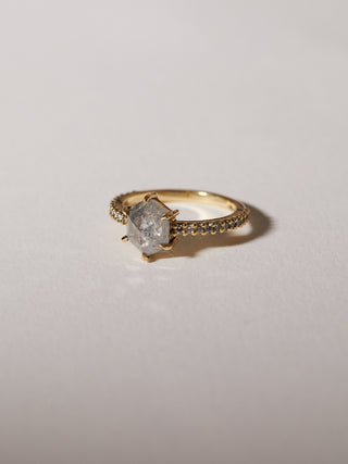 1.43ct hexagon rose cut salt and pepper diamond solitaire with 0.01ct diamond pavé band.