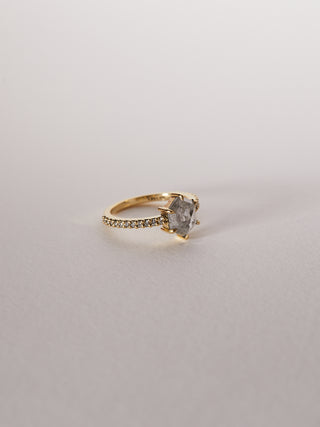 1.43ct hexagon rose cut salt and pepper diamond solitaire with 0.01ct diamond pavé band.